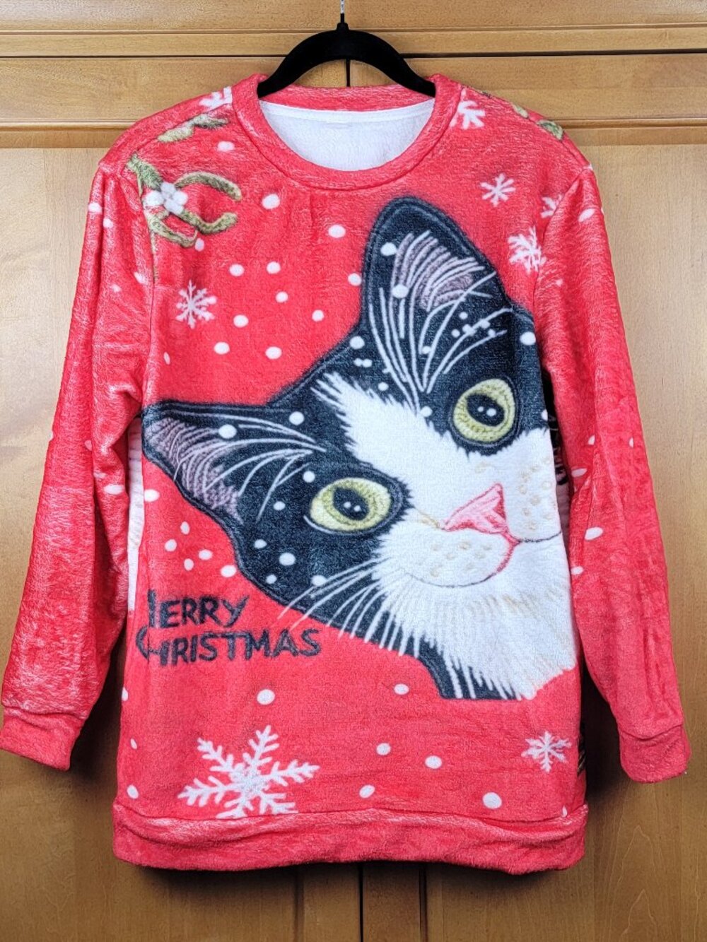 Festive Tuxedo Cat Merry Christmas Plush Fleece Pullover Sweatshirt - L